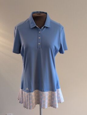 Adidas Preppy Pickleball Dress LG Blue Button Down Polo 1 piece Athletic Pleated